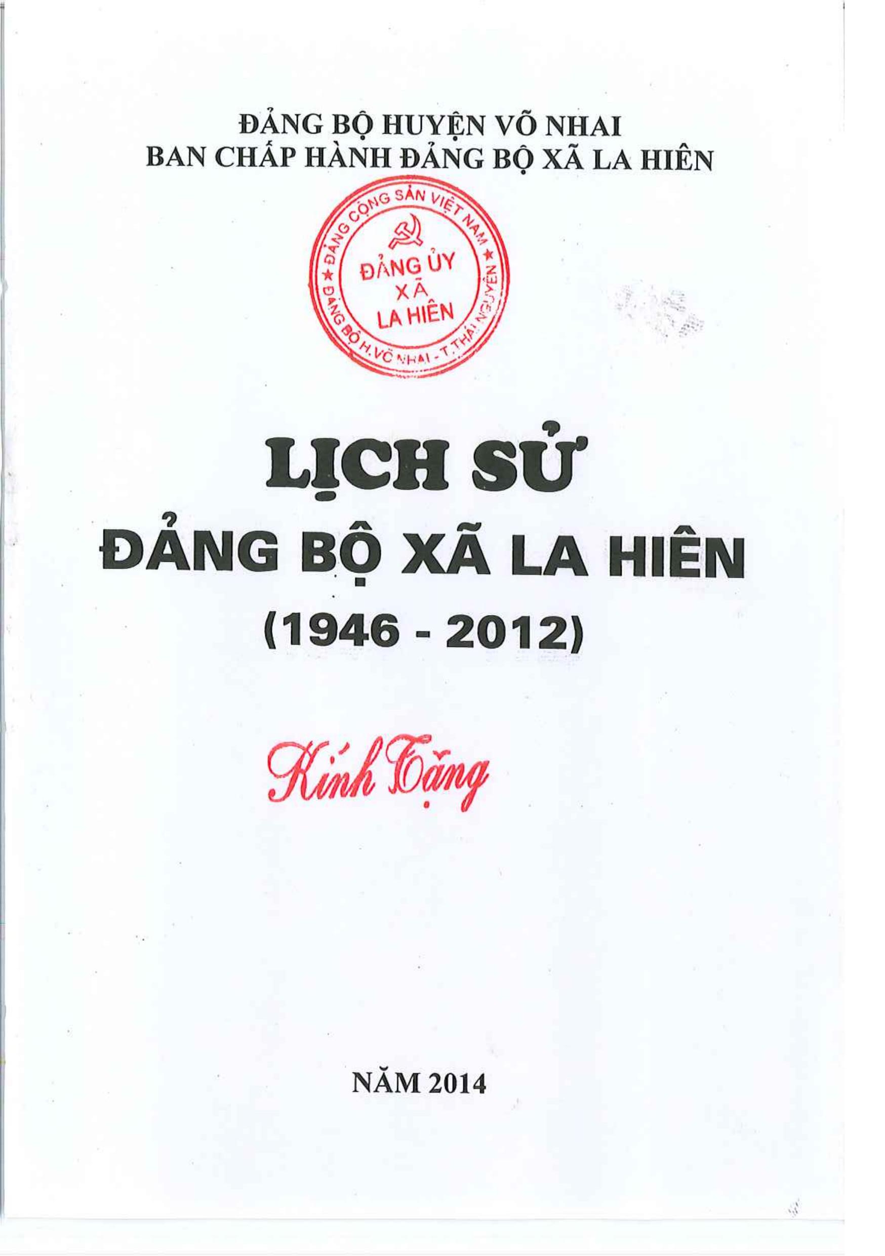 Lịch sử Đảng bộ xã La Hiên 1946 - 2012